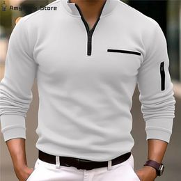 Fashion Brand Luxury Men Zipper Polo Shirt Mens Golf Sport Slim Fit Casual Plain Korean Solid Colour Long Sleeve Tops Clothing 240419