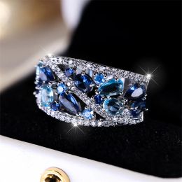 Bands Royal Blue Crystal Water Drop Stone Ring Simulated Aquamarine Engagement Rings For Women Vintage Silver Colour Wedding Party Band