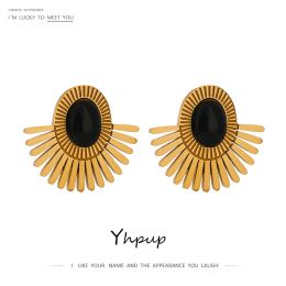 Earrings Yhpup Stainless Steel Black Stone Ear Clip Earrings Statement Golden Metal Sun Flower Earrings for Women Bijoux Femme Gala Gift