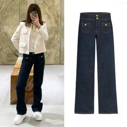 Women's Jeans Fashionable Girl's Straight Leg High Waisted With Double Pocket Design And Metal Buckle Pants