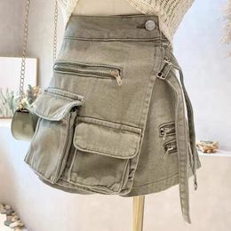 Women's Jeans Korean Irregular Multi Pocket A-line Shorts Loose Wide Leg Pants 2024 Spring Summer Denim Culottes