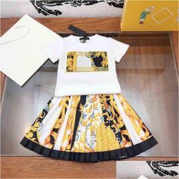 Clothing Sets Designer Clothes For Kids Girls Summer Short Sleeve T-Shirt Children Bohemian Topaddpleated Skirt 2Pcs Outfit Baby Brand Oto97