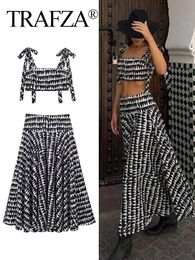 TRAFZA Women Fashion Print Skirts Suit Sexy Backless Sleeveless Slim Corset Crop Top Side Zipper Midi Skirt Y2K Streetwear Sets 240423