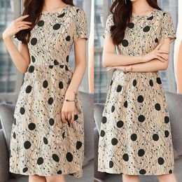 Casual Dresses Women Fashion Summer Short Sleeve Dress Lady Elegant O-Neck Wave Point Elastic Women'S Clothing Vestidos For Daily Wear