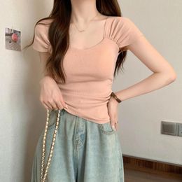 Women's T Shirts Folds Y2k Shirt Women Korean Solid Crop Top Slim Short Sleeve Tees Female V-neck Summer Tshirts Femme Fashion Ladies