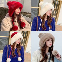 Caps Beanie/skull Pompom Winter Hats for Wome Earmuffs Thicken Ear-flapped Hat Fleece Lined Girl Knit Bonnets Cute Ladies Ear Beanies Cap 230905