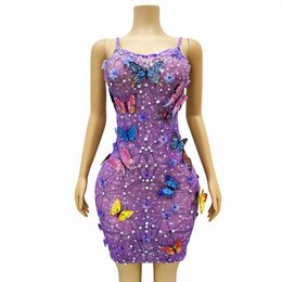 Stage Wear Flashing Lovely Butterfly Rhinestones Flowers Dress Purple Transparent Birthday Celebrate Costume Sexy Fancy Outfit Pudie