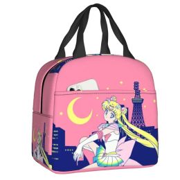 Rods Sailors Moon Girl Insulated Lunch Bag for Women Resuable Tokyo City Lights Thermal Cooler Lunch Box Beach Camping Travel