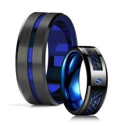 Bands 8MM Fashion Men's Blue Groove Bevelled Edge Stainless Steel Dragon Ring Blue Red Zircon Inlay Blue Carbon Fibre Ring Wedding Band