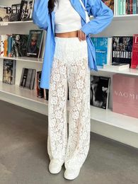 Women's Pants Bclout Fashion White Lace Flower Women 2024 Spring Cotton Transparent Sexy Long Trousers Elegant Thin Wide Leg Chic