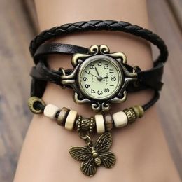 Strands Women's Casual Vintage Multilayer Butterfly Faux Leather Bracelet Wrist Watch Ladies Female Clock Fashion Bracelet Watch