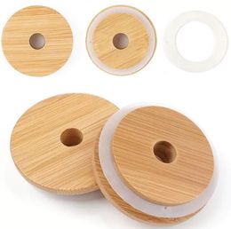 70mm86mm Wide Mouth Reusable Bamboo Lids Mason Jar Canning Caps with Straw Hole Non Leakage Silicone Sealing Wooden Covers Drinki8577946