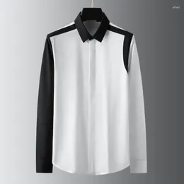 Men's Casual Shirts 2024 Cotton Mens Luxury Black White Geometry Splicing Long Sleeve Male Fashion Slim Fit Party Man