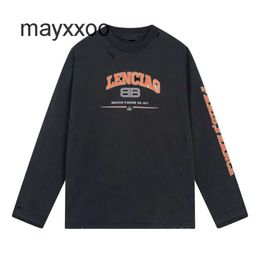 Sleeve Brand Designer Home Shirt Balencigs Tops Mens Fashion Paris Version Scissors Print Cut Teared T-shirt Holes Washed Old Loose Long GE77