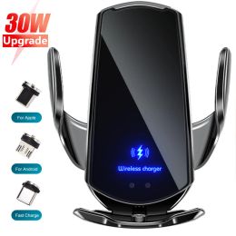 Chargers Automatic 30W Car Wireless Charger for iPhone 15 14 13 12 11 X 8 Samsung S22 S21 Magnetic USB Infrared Sensor Phone Holder Mount