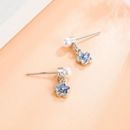 Stud Earrings Sterling Silver Color Pearl Blue Flower Ear-Sticks Women's Fashion Jewelry