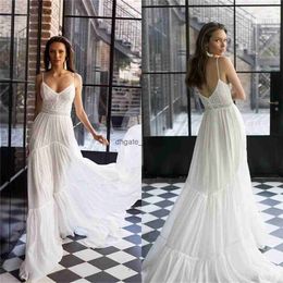 Rish Bridal Bohemian Wedding Dresses Sexy Spaghetti Neck Lace Appliqued Bridal Gowns Robe de Mariee Boho Backless Country Wedding Dress