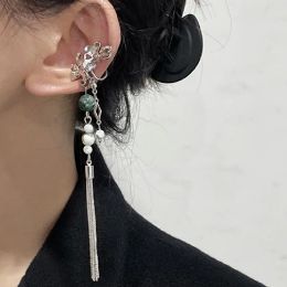 Earrings Vintage Chinese Style Artificial Jade Tassel Flower Ear Clip No Piercing Earring 2022 Trendy Punk Metal Ear Cuff Clip Earring