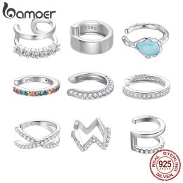 Earrings BAMOER 925 Sterling Silver Monoearring Clip Earrings Sparkling Cubic Zirconia Round Huggie Ear Cuff White Gold Plated Earrings