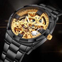 Watches Luxury Automatic Mechanical Watch for Men Stainless Steel Skeleton Reloj Male Black Gold Gear Clock Man Hombre Relogio Masculino