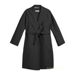 Women's Coat Cashmere Coat Luxury Coat MAX Maras 2024 New Womens Black Classic Casual Pure Wool Fabric Lace Up Coat