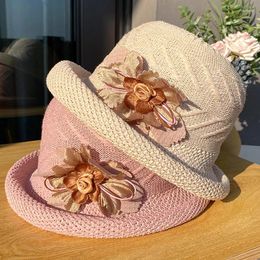 Wide Brim Hats Women Sun Protection Fisherman Cap Knitted Bucket Floral Decor Sunscreen Outdoor Solid Colour Breathable Caps Headwear