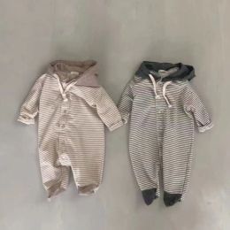 One-Pieces 2022 New Baby Long Sleeve Casual Striped Romper Cotton Newborn Infant Hooded Jumpsuit Autumn Toddler Boys Girls Clothes 024M
