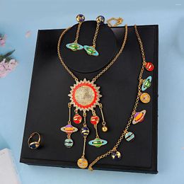 Necklace Earrings Set Oil Painting Earth Sun Gold Plated Arabic Middle East Women Party Wedding Jewelry Bijoux De Luxe Femme