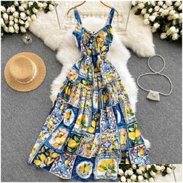 Basic & Casual Dresses Summer Dress Women 2022 Fashion Bohemian Long Vacation Elegant Y Strap Lemon Print Runway Drop Delivery Appare Dhovq