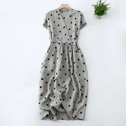 Casual Dresses Cotton And Linen Dot V-neck Short-sleeved Dress Women's 2024 Summer Korean Style Loose Plus Size Elegant