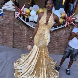 Sexy Halter Gold Veet Rhinestone Prom Dress Slay Queen For Black Girls Lace Crystal Beaded Party Gown Vestidos De Festa