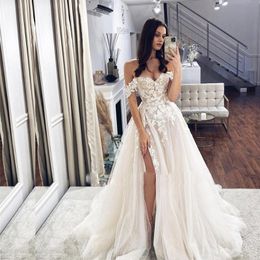 Glitter On Lace Wedding Dresses Off Shoulder Wedding Dress For Bride Sexy Split Side Bridal Gown