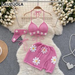 Work Dresses Beach Holiday Style Hollow Out Crochet Knit Flower Bikini Suit Outfits 3 Pieces Women Bra Skirts Matching Set 2024 Summer