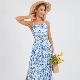 Casual Dresses WPNAKS Women Boho Midi Dress Evening Party Summer Clothes Solid Color/Floral Sling Tie-Up Backless Sleeveless Slit