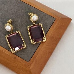 Stud Earrings Rectangle And Circle Pearl For Women Vintage Court Style Purple K9 Rhinestone