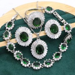Strands Huge Green Emerald 925 Silver Jewelry set for Women Bracelet Stud Earrings Necklace pendant Ring Birthday Gift