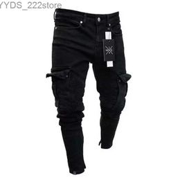 Women's Jeans Mens stretch jeans black large pockets cargo jeans fashionable zippers small leg denim pants stretch jogging Trousers street clothing yq240423