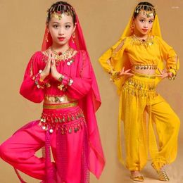 Stage Wear Children Belly Dance Costumes For Girls Dancing Set 4pcs(top Shirt Head Scarf Waist Chain Pant)