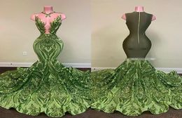 Green Sparkly Sequin Lace Mermaid Long Prom Dresses 2022 Sexy See Through Sleeveless African Women Black Girl Evening Gala Gowns5141860