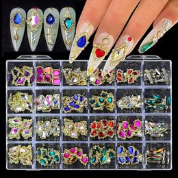 24 Grids Alloy Peach Heart Butterfly Shaped Diamond for Nails Art Decoration DIY Nail Fingertip Jewelry Set 240412