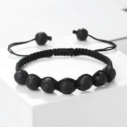 Strands 6 8mm Black Lava Onyx Beads Bracelet Handmade Black Brown Rope Braided Adjustable Bangle Women Men Charm Yoga Jewellery Wristchain