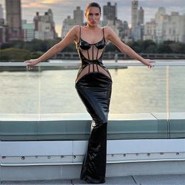 Casual Dresses Evening Mesh See Through Slip Fashion PU Leather Sexy Maxi Dress Club Outfits For Women Sleeveless