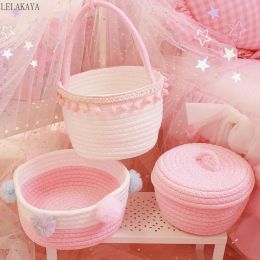 Baskets Lovely Girls Heart Pink Purple Cotton Rope Storage Basket With Lid Laundry Dirty Clothes Sundries Handheld Bucket with Pompom