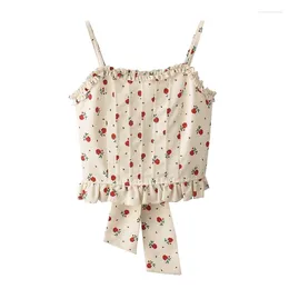 Women's Tanks Japanese Sweet Rose Floral Pleated Slim Small Camisole Female Summer One-Shoulder Edged Lace-up Bow Short Sling