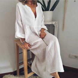 여성용 바지 Capris Cotton Linen 여성 의류를위한 대형 긴 드레스 2023 여름 더하기 크기 셔츠 드레스 여성 대형 크기의 느슨한 블라우스 Skir Y240422