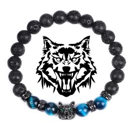 Bangle Wolf Charm Bracelets Men Natural Black Lava Stone Bracelets Brave Tiger Eye Bracelets Women Elastic Jewellery 8 mm Beads Pulsera