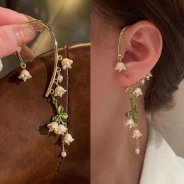 Earrings Fashion Bell Orchid Flower Pearl Tassel Clip Earrings For Women Elegant Without Piercing Ear Clip Ear Cuffs Wedding Jewelry Gift