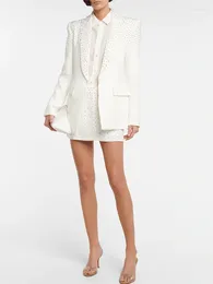 Work Dresses HIGH QUALITY 2024 Designer Runway Suit Set Women's Slim Fit Single Button Rhinestone Diamonds Beaded Blazer Skirt 2pcs