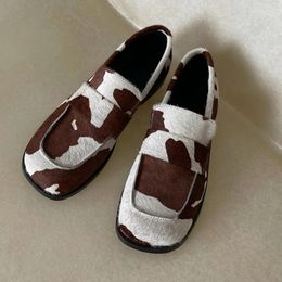 Casual Shoes British Style Brown Milk Horsehair Single Leather Square Toe Low Heels Leisure Loafers Feminina Outfit Causal