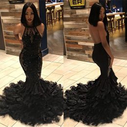 Black Girl Sexy Backless Mermaid Long Prom Dresses Halter Illusion Tulle Applique Beaded Feather Layers Sweep Train Evening Gowns 8704436
